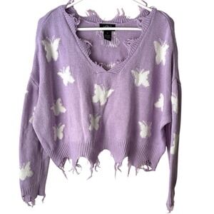 Just Polly Distressed Butterfly Crop Sweater Purple Lilac Grunge Y2K Soft Girl S
